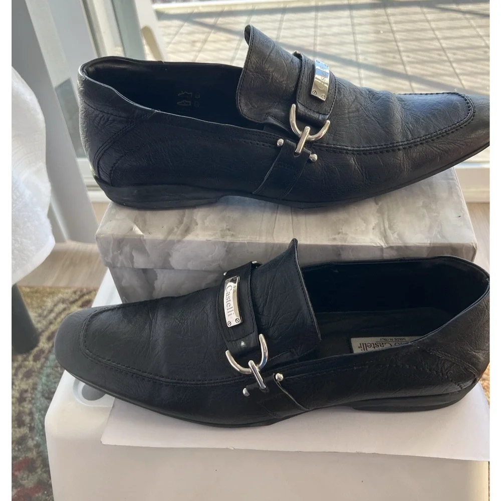 Stefano Castelli Men's  black Leather Loafers Shoes  EU 44  steel  buckle Italy